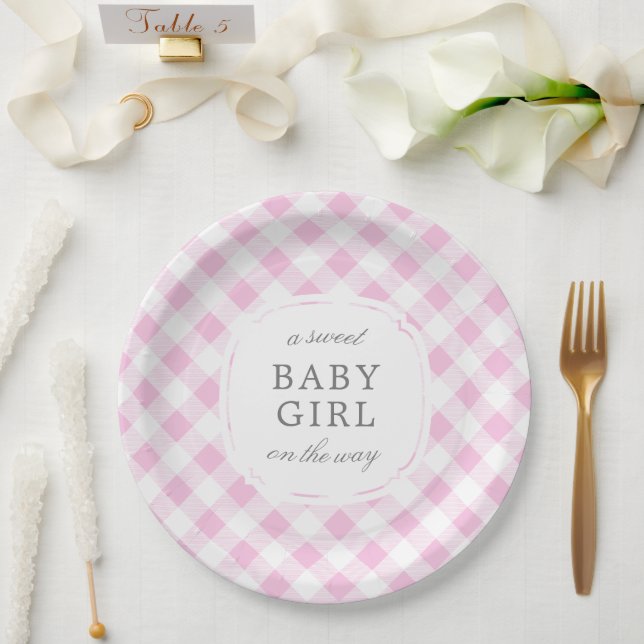 Pale Pink Gingham Kariert Sweet Baby Girl Pappteller (Hochzeit)