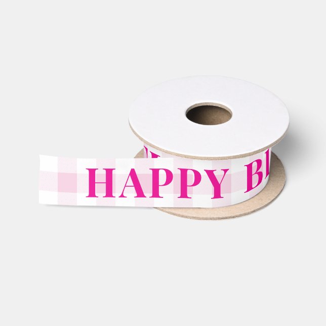 Pale Pink Gingham Kariert und Fuchsia Happy Birthd Satinband (Spule)