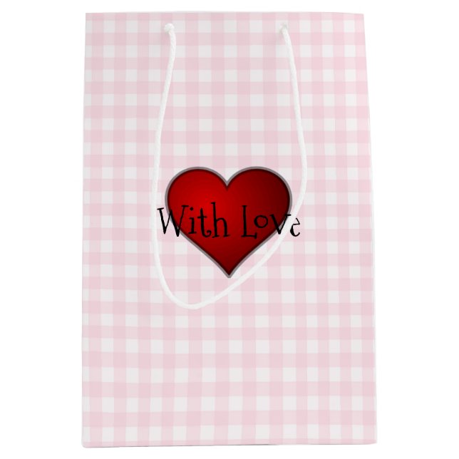 Pale Pink Gingham Rotes Herz mit Liebe Mittlere Geschenktüte (Vorderseite)