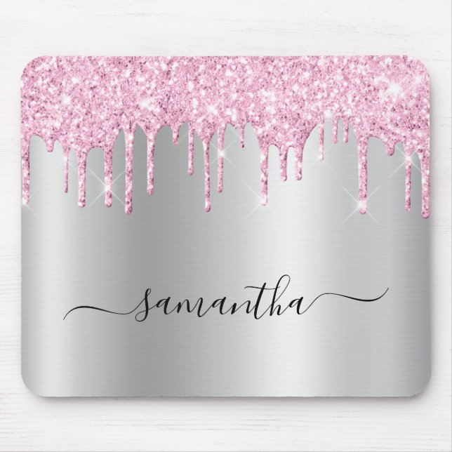 Pale Pink Glitter Drips Silver Shimmer Mousepad (Vorne)