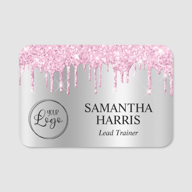 Pale Pink Glitter Drips Silver Shimmer Namensschild (Vorderseite)