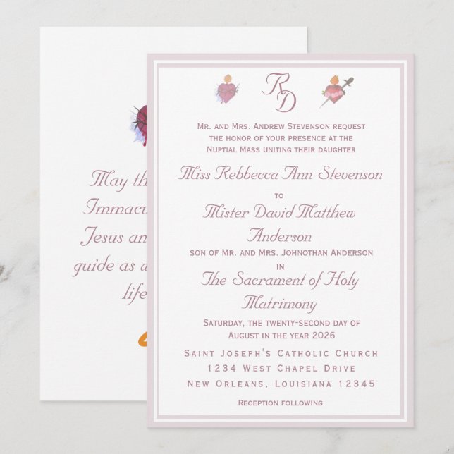 Pale PinkTwo Hearts Catholic Wedding Invitation Einladung (Vorne/Hinten)