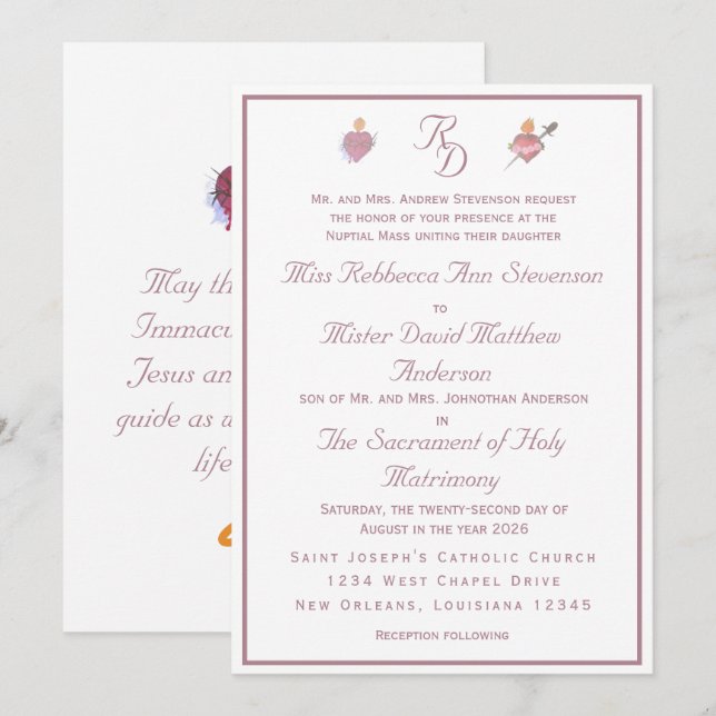 Pale PinkTwo Hearts Catholic Wedding Invitation Einladung (Vorne/Hinten)