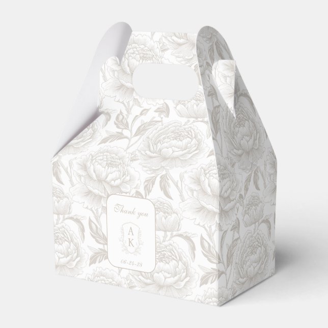 Pale Taupe Monogram Wappen Chinoiserie Peonies Geschenkschachtel (Vorderseite)