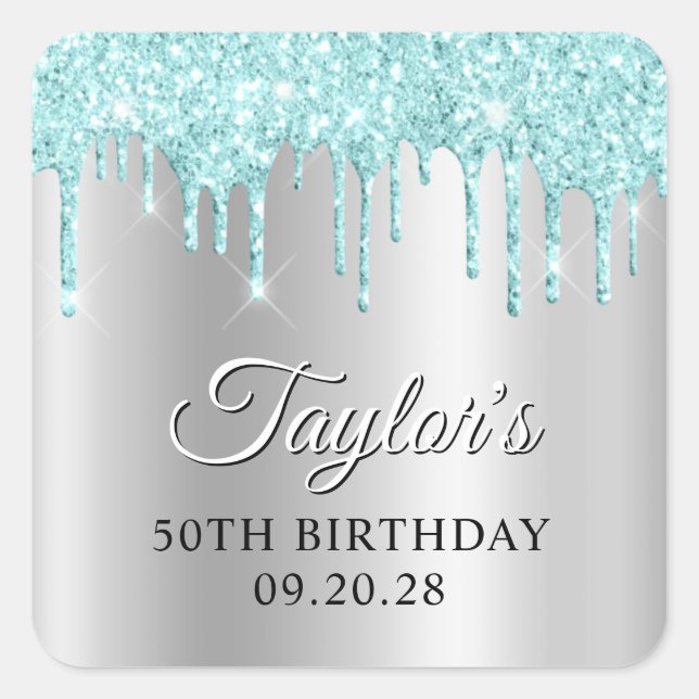Pale Turquoise Glitter Drips Silver Drop Shadow Quadratischer Aufkleber (Vorderseite)