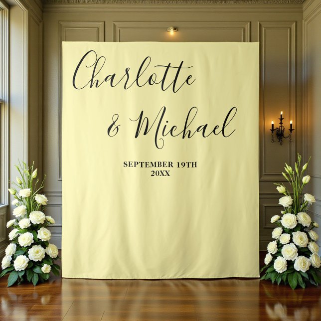 Pale Yellow Script Minimalist Wedding Backdrop Wandteppich (Von Creator hochgeladen)