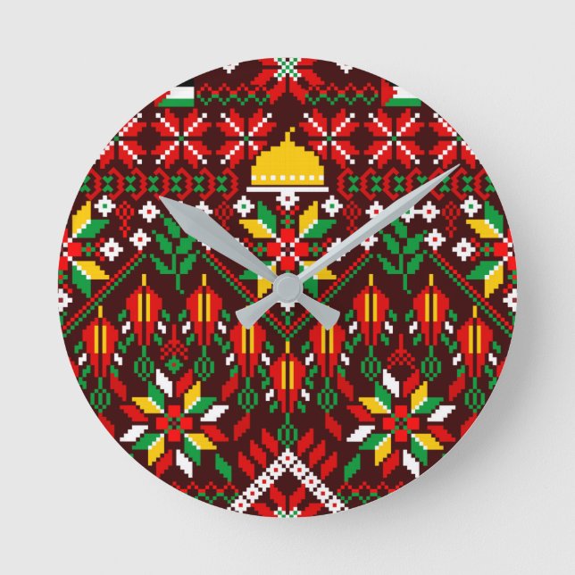 Palestine Tatreez Traditionelle Stickerei Runde Wanduhr (Vorderseite)