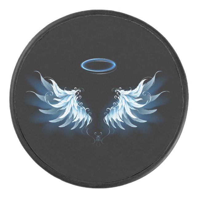 Palet De Hockey Blue Glowing Angel Wings on black background (Devant)