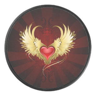 Palet De Hockey Coeur rouge avec ailes d'or