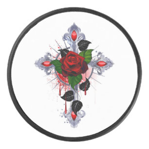 Palet De Hockey Croix d'argent avec une rose rouge