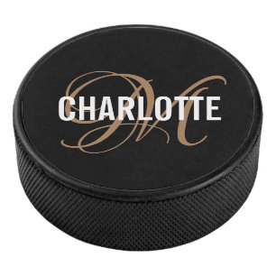 Palet De Hockey Élégant monogramme d'or noir nom hockeyeur