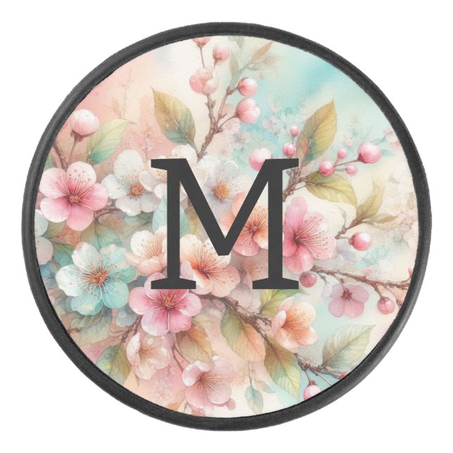 Palet De Hockey Floral watercolor monogram pink cherry blossoms  (Devant)