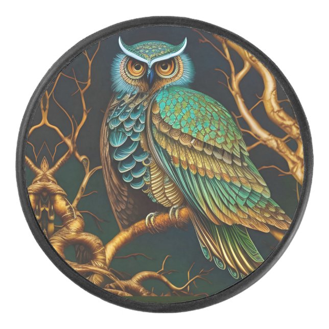 Palet De Hockey Hibou Turquoise et Or (Devant)
