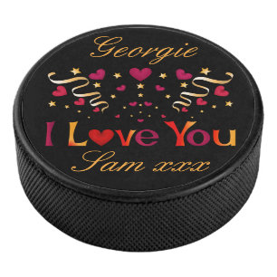 Palet De Hockey JE T'AIME Red Heart Gold Vintage Valentine Black