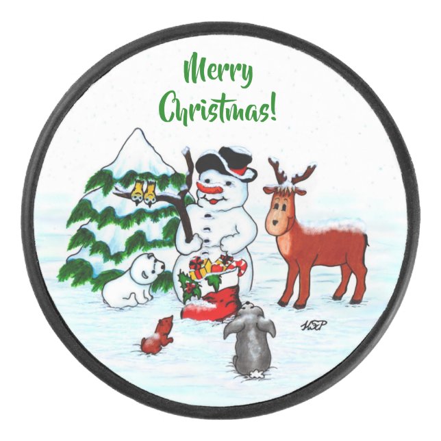 Palet De Hockey Joyeux Noël ! Snowman avec amis (Devant)
