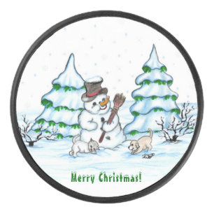Palet De Hockey Joyeux Noël ! Snowman avec chat et chiot