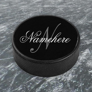 Palet De Hockey Monogramme de nom noir et blanc personnalisé uniqu