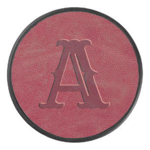 Palet De Hockey Monogramme de texture en cuir rouge rustique