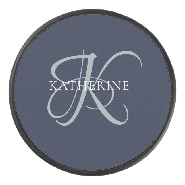 Palet De Hockey Monogramme moderne élégant Script Marine Bleu (Devant)