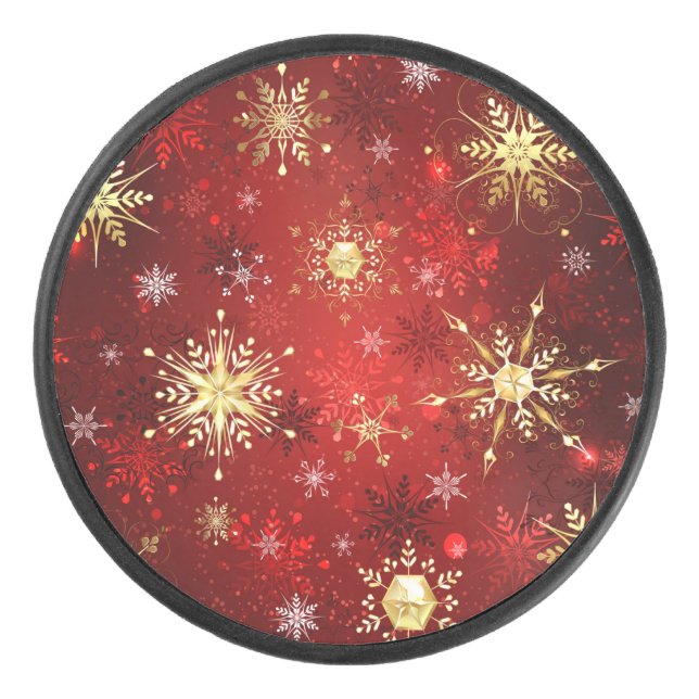 Palet De Hockey Noël Golden Snowflakes sur Arrière - plan rouge (Devant)