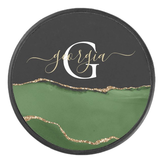 Palet De Hockey Parties scintillant d'or et Monogramme d'âge vert (Devant)