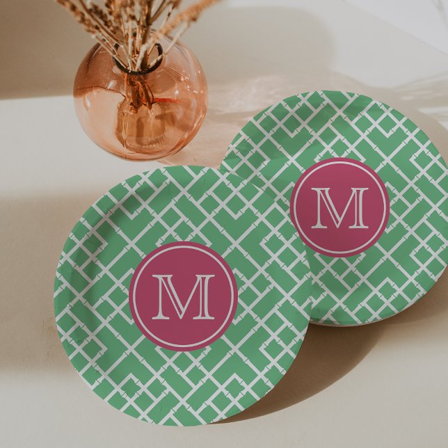 Palm Beach Green & Pink Geometric Bamboo Monogram Pappteller (Von Creator hochgeladen)