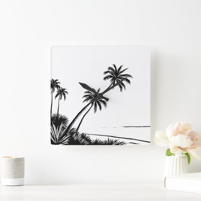 Palm Beach Ocean Moderne Schwarz und Weiß Quadratische Wanduhr (Zuhause)