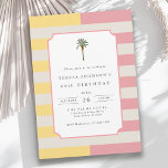 Palm Beach Pastel Stripe Tropical 60th Birthday Einladung<br><div class="desc">Celebrate a 60th birthday in sophisticated coastal style with this Palm Beach–inspired birthday invitation. Featuring soft pastel stripes in blush pink, butter yellow, and cream with a minimalist palm tree motif, this design blends casual luxury with sunny tropical charm. The modern layout and clean typography make it perfect for milestone...</div>
