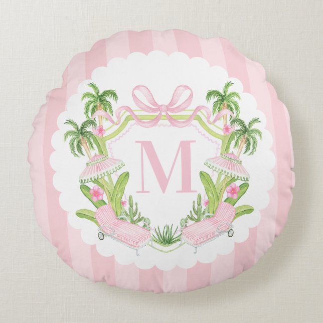 Palm Beach Pink Loungers Monogram Crest Rundes Kissen (Vorderseite)
