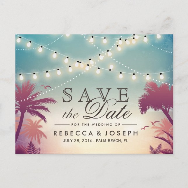 Palm Beach String Lights Hochzeitung Speichern Sie Ankündigungspostkarte (Vorderseite)