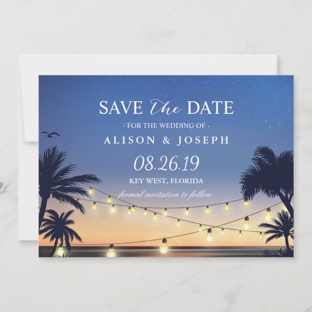 Palm Beach Sunset String Lights Save the Date (Vorderseite)