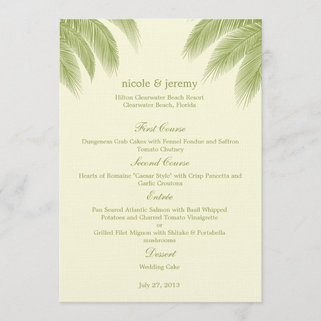 Palm Beach Wedding Menu Card - Green Menükarte (Vorderseite)