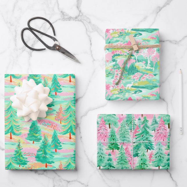 Palm Beach Weihnachten Farbe Rosa & Grün Geschenkpapier Set (Vorderseite)