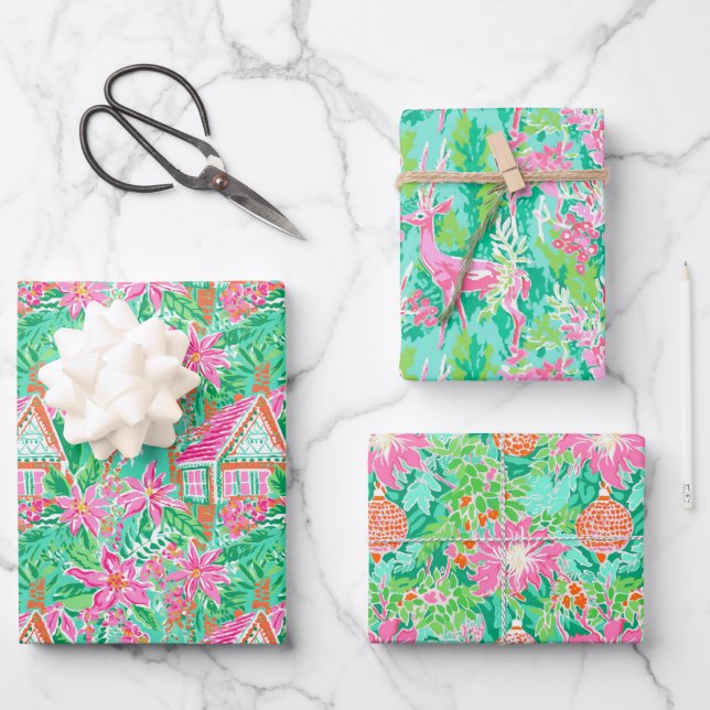 Palm Beach Weihnachten Farbe Rosa & Grün Geschenkpapier Set (Vorderseite)