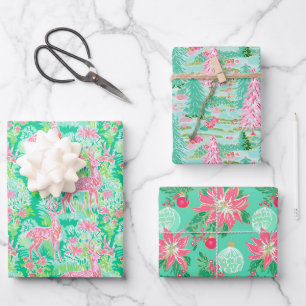 Palm Beach Weihnachten Farbe Rosa & Grün Geschenkpapier Set