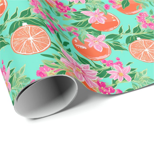 Palm Beach Weihnachten Wasserfarbe Orange Ornament Geschenkpapier (Rolleneckpunkt)