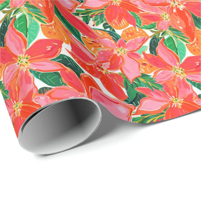 Palm Beach Weihnachten Wasserfarbe Poinsettias Geschenkpapier (Rolleneckpunkt)
