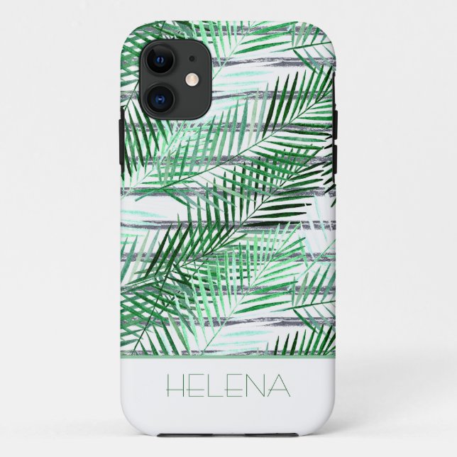Palm Blätter auf einem schwarz-weiß gestreiften Hi Case-Mate iPhone Hülle (Rückseite)