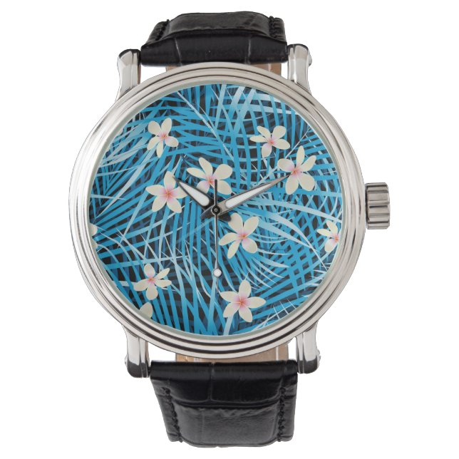Palm Blätter Blaues Muster Armbanduhr (Vorderseite)