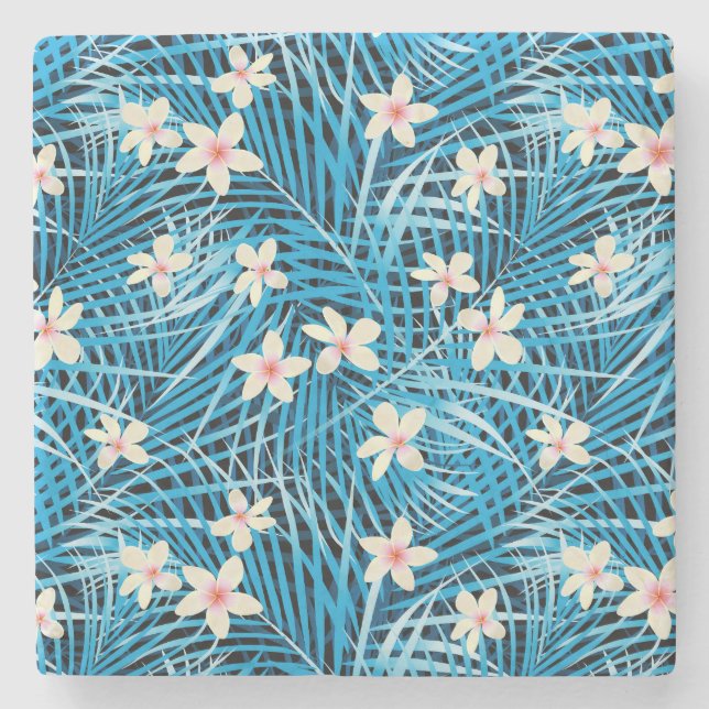 Palm Blätter Blaues Muster Steinuntersetzer (Vorderseite)