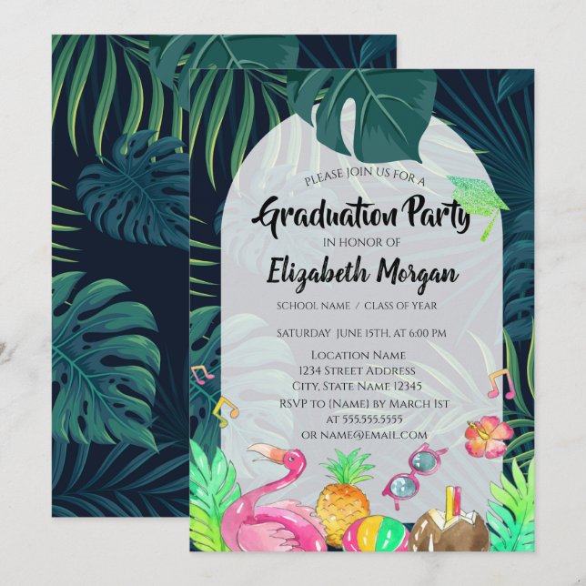 Palm Blätter Glitzer Grad Cap, Abschluss Einladung (Vorne/Hinten)
