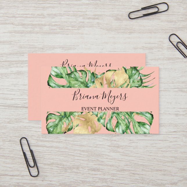 Palm Blätter Gold Tropic Peach Visitenkarte (Vorderseite/Rückseite Beispiel)