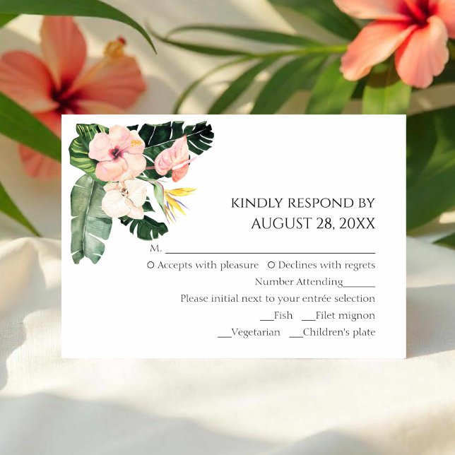 Palm Blätter Hibiskus Tropical Wedding RSVP Cards (Von Creator hochgeladen)