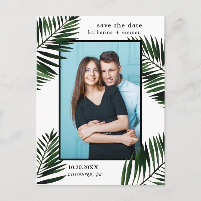 Palm-Blätter Hochzeiten Speichern Sie das Date-Fot Ankündigungspostkarte (Vorderseite)