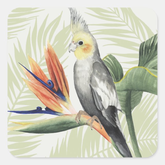 Palm Blätter mit Black Bird Quadratischer Aufkleber (Vorderseite)