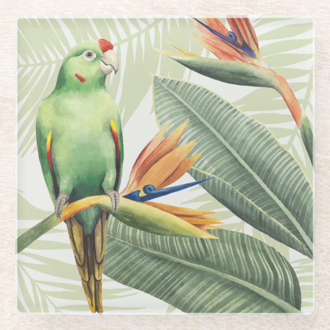 Palm-Blätter mit grünem Vogel Glasuntersetzer (Vorderseite)