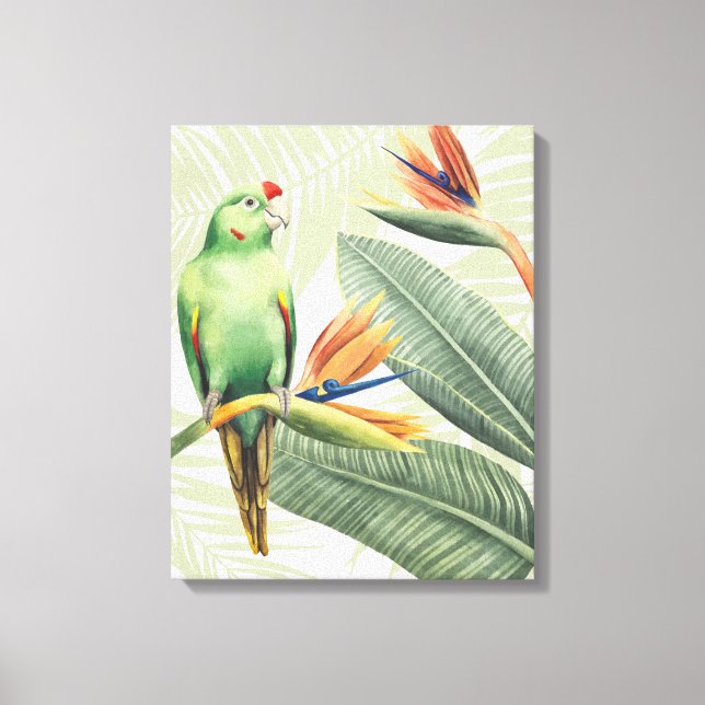 Palm-Blätter mit grünem Vogel Leinwanddruck (Vorderseite)