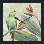 Palm-Blätter mit grünem Vogel Quadratische Wanduhr<br><div class="desc">Palm Leaves With Green Bird Artist: Grace Popp | 157018GG</div>