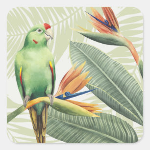 Palm-Blätter mit grünem Vogel Quadratischer Aufkleber