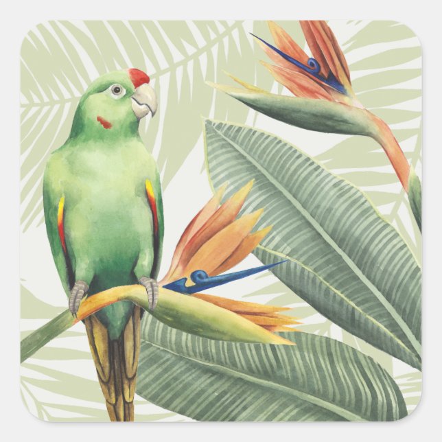 Palm-Blätter mit grünem Vogel Quadratischer Aufkleber (Vorderseite)